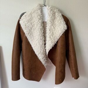 Cream Collar Brown Teddy Jacket Open Front